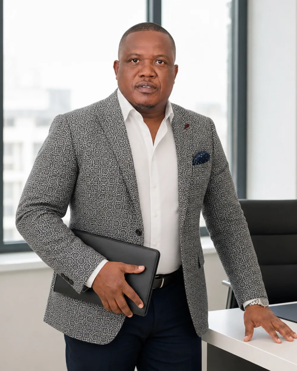 Anthony Nkumbe standing at an office desk holding a portfolio